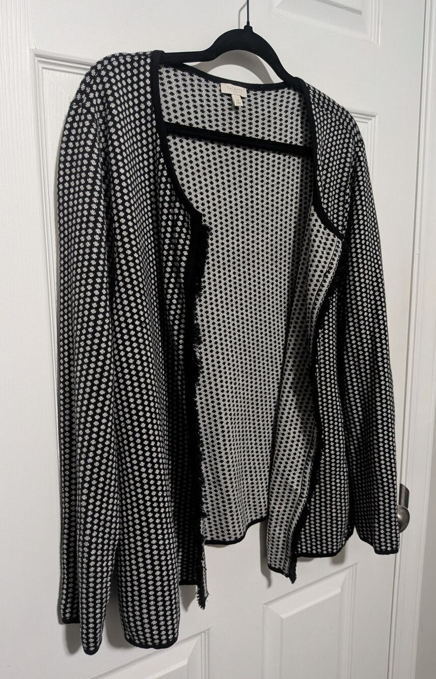 Talbots Woman 2X Open Front Cardigan Sweater Black White Geometric Knit Fringe